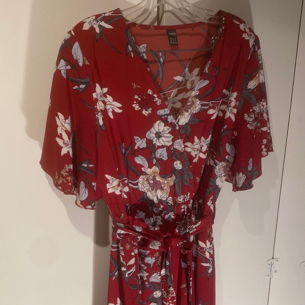 Floral Red flutter sleeve A-line v-neck maxi Dress